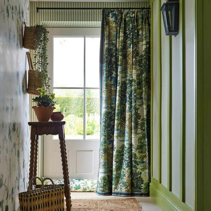 Sanderson Arboretum Ancient Canopy fabric in Sap Green featuring a detailed woodland tree canopy print textile ideal for upholstery, curtains, blinds, and cushions, available from Primoends.