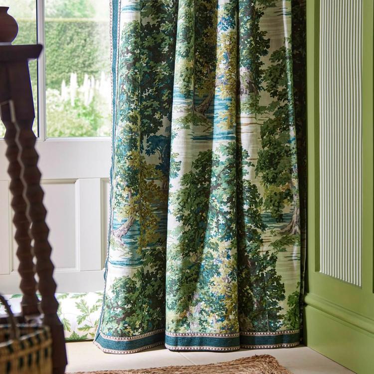 Sanderson Arboretum Ancient Canopy fabric in Sap Green featuring a detailed woodland tree canopy print textile ideal for upholstery, curtains, blinds, and cushions, available from Primoends.