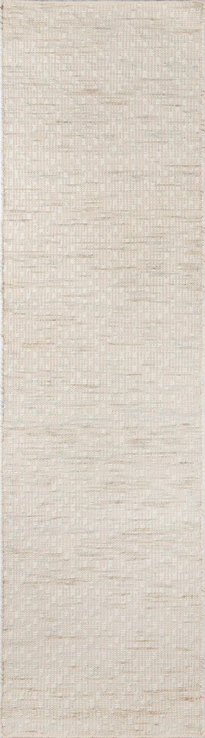 Beige woven rug with subtle horizontal texture; natural linen-like appearance, 5' x 8' rectangular rug.