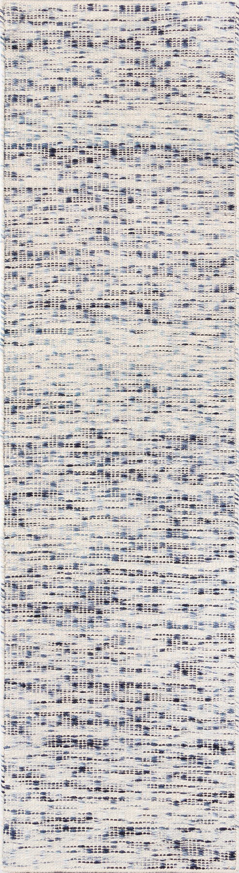 Cream woven rug runner with navy blue and gray specks; tweed texture for contemporary decor.