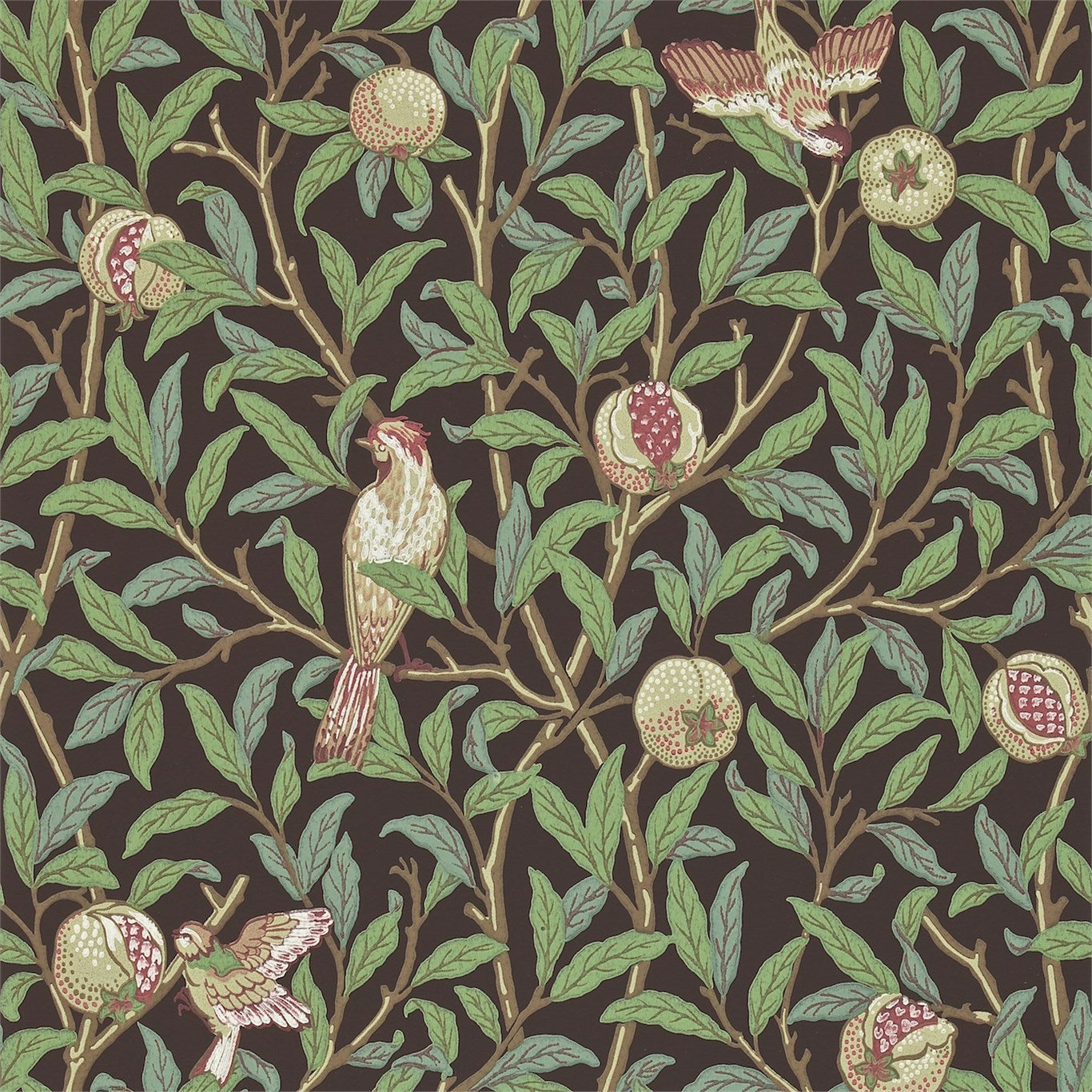 MORRIS & CO Bird & Pomegranate Wallpaper Birds Charcoal,Sage  Surflex-Printed Wallpaper - DARW212537