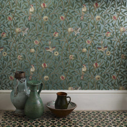 MORRIS & CO Bird & Pomegranate Wallpaper Birds Turquiose,Coral  Surflex-Printed Wallpaper - DARW212538