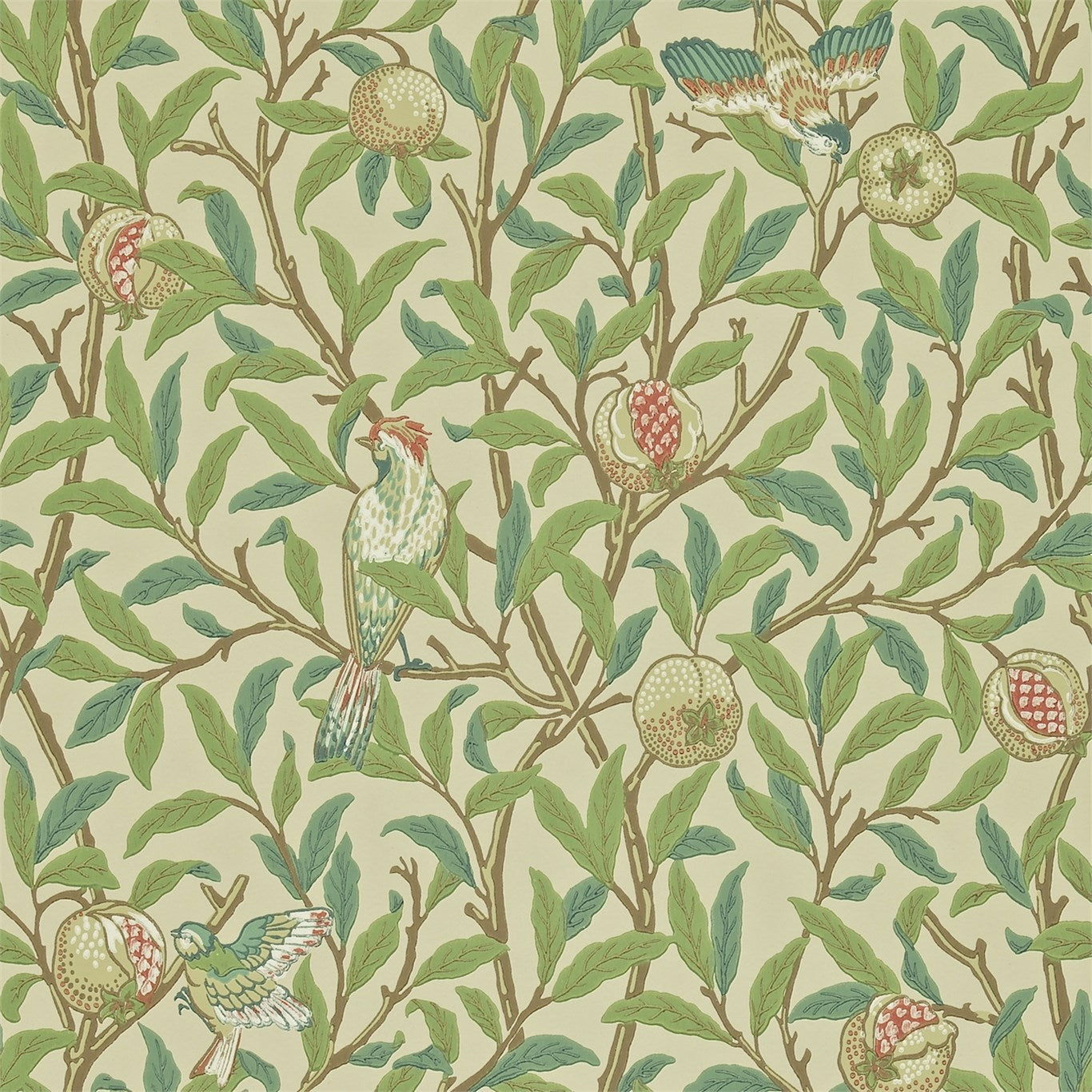 MORRIS & CO Bird & Pomegranate Wallpaper Birds Bayleaf,Cream  Surflex-Printed Wallpaper - DARW212539