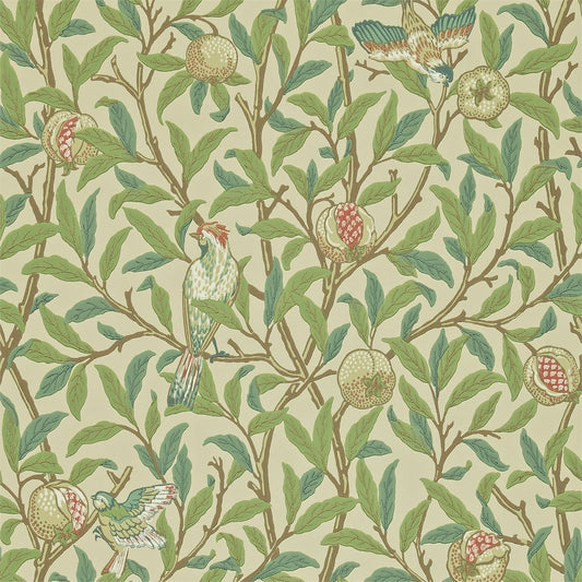 MORRIS & CO Bird & Pomegranate Wallpaper Birds Bayleaf,Cream  Surflex-Printed Wallpaper - DARW212539