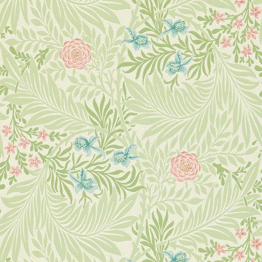 MORRIS & CO Larkspur Wallpaper Contemporary, Floral Green,Coral  Surflex-Printed Wallpaper - DARW212558