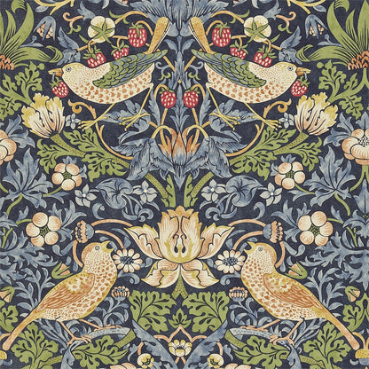 Repeating Morris-style wallpaper pattern with cream-yellow birds, red berries, and beige flowers on an indigo background.