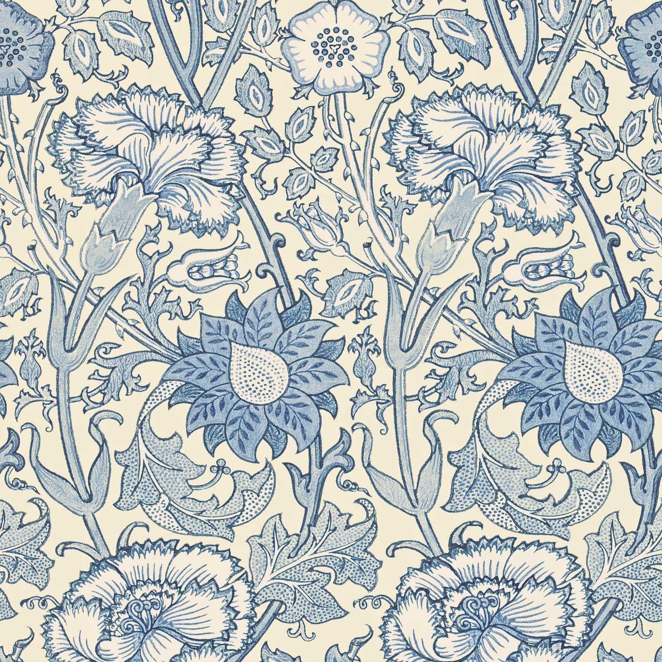 Pink and rose floral wallpaper with an indigo gravure print, featuring large blossoms and twisting vines.