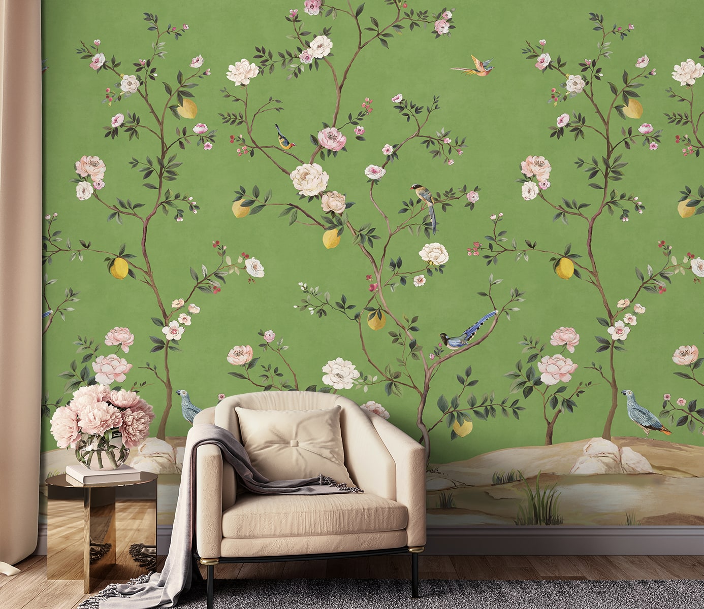 Daisy Bennett Designs  Blossom Chinoiserie Mural Chinoiserie Transitional Green   - DB20704M
