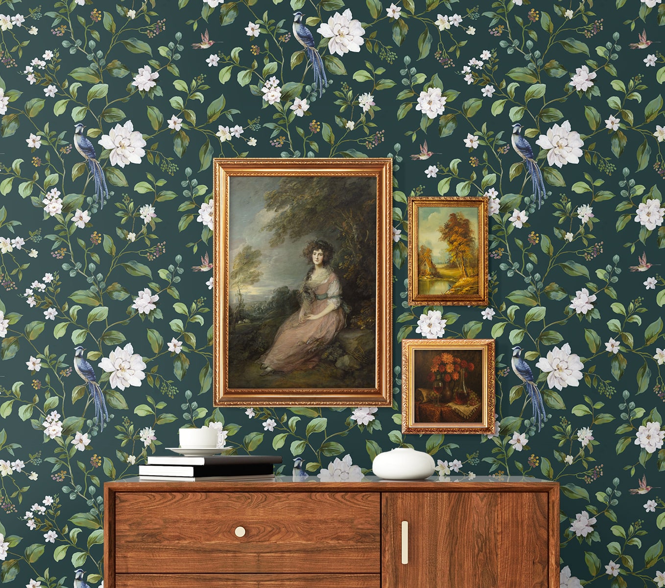 Daisy Bennett Designs  Chinoiserie Bird Vine Chinoiserie Transitional Teal   - DB20814