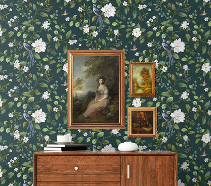 Daisy Bennett Designs  Chinoiserie Bird Vine Chinoiserie Transitional Teal   - DB20814