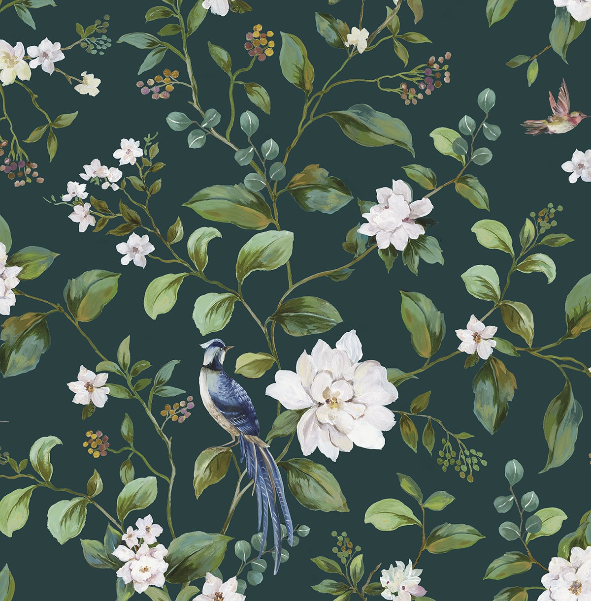 Daisy Bennett Designs  Chinoiserie Bird Vine Chinoiserie Transitional Teal   - DB20814