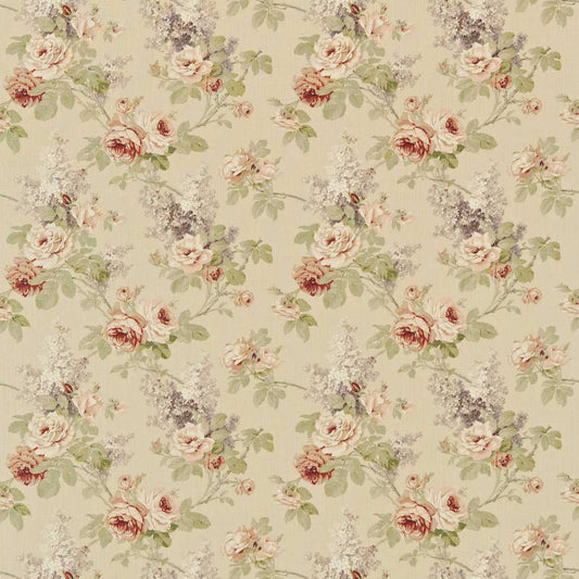 SANDERSON Sorilla Fabric Classic Floral Biscuit,Claret   - DBARSO126