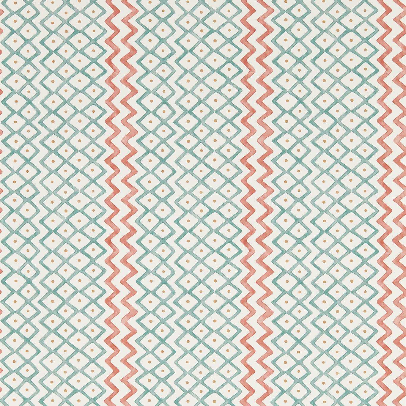 Teal chevron pattern with tiny orange dots and coral zigzag stripes on a light background.