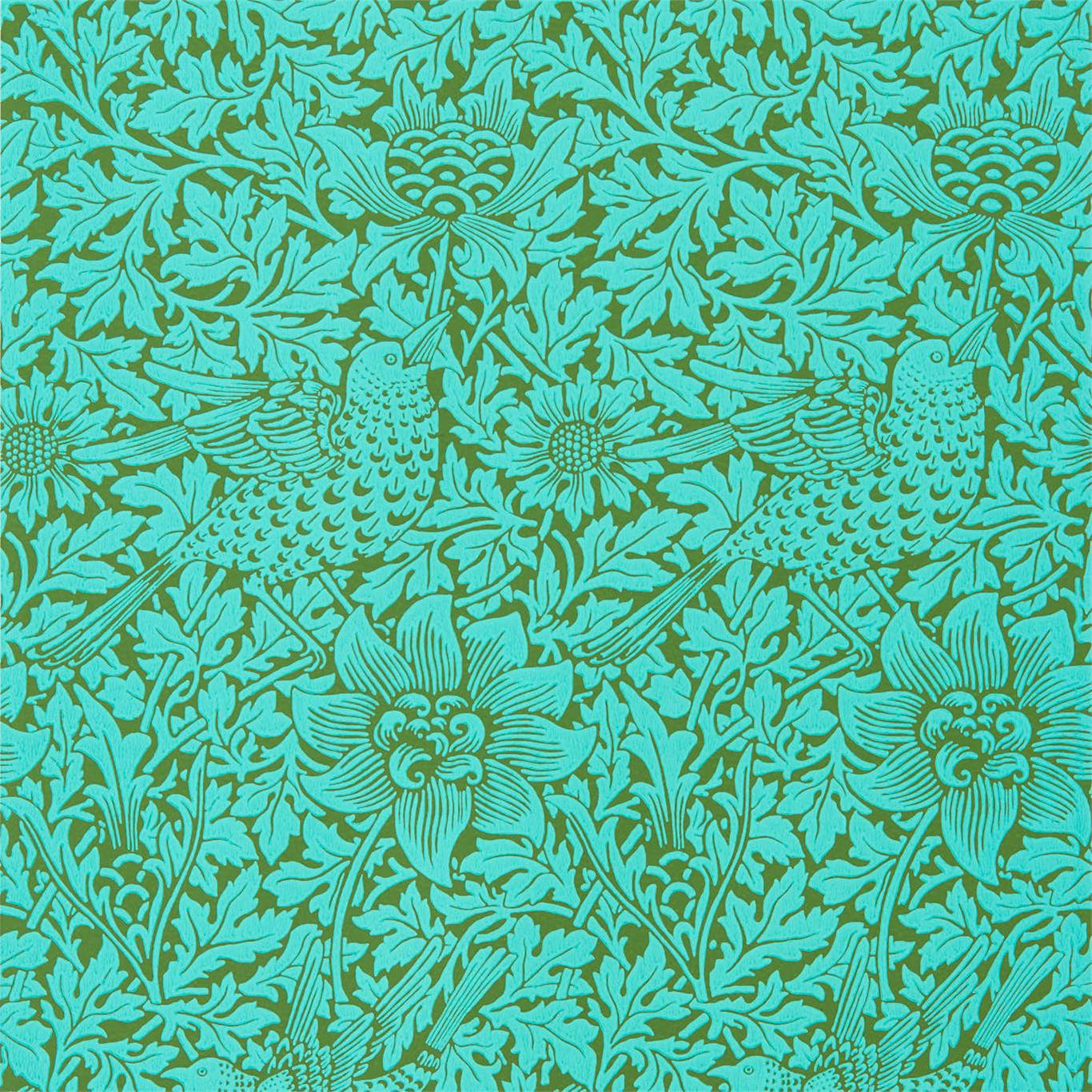 MORRIS & CO Bird & Anemone Wallpaper Birds Olive,Turquoise  Surface- Printed Wallpaper - DBPW216958