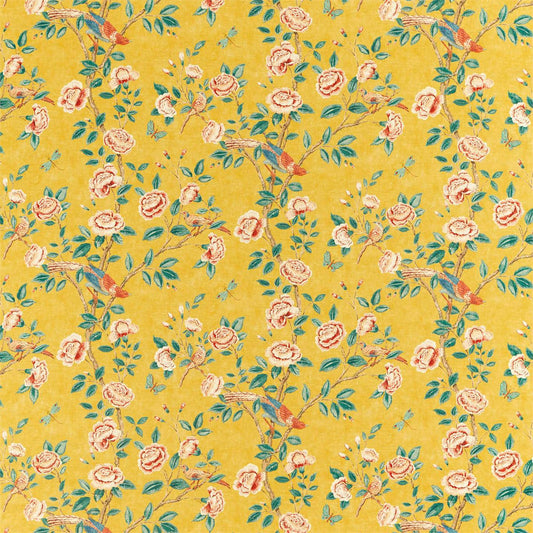 SANDERSON Andhara Fabric Classic Floral Saffron,Teal   - DCEF226633