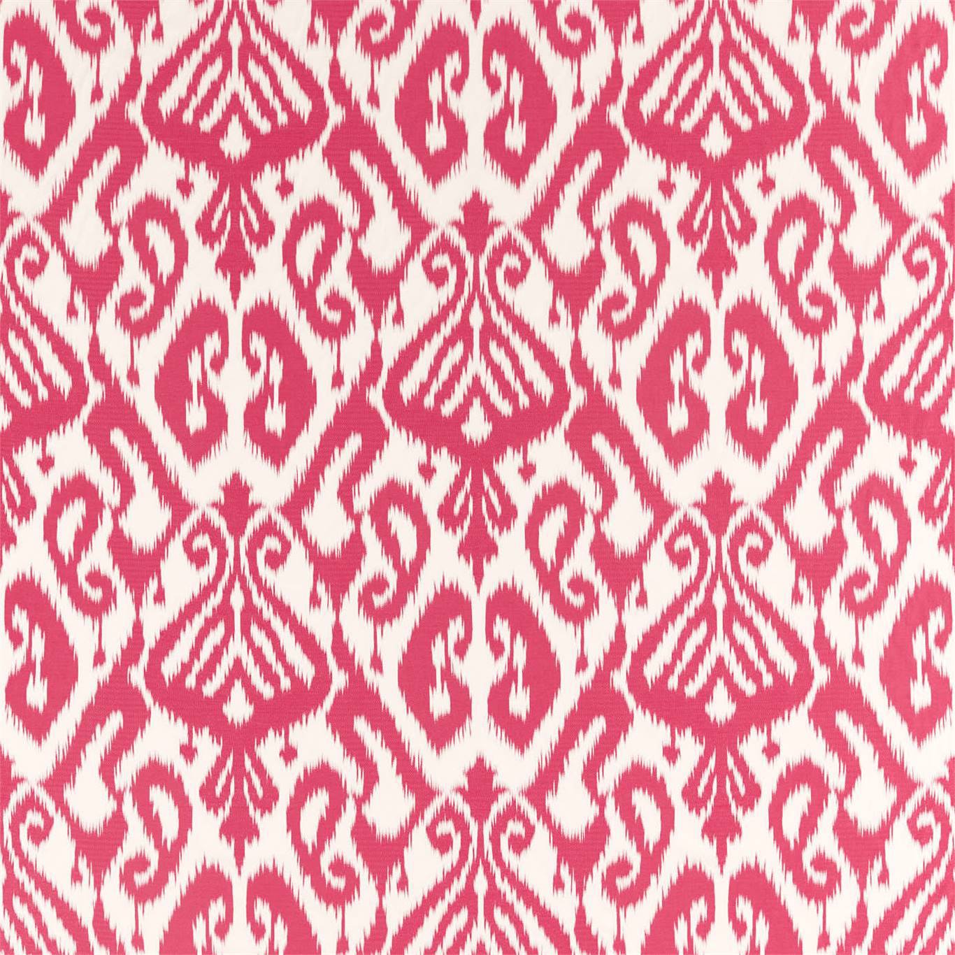 Pink Kasuri weave fabric with abstract Pondicherry graphic pattern; decorative textile for upholstery or apparel.