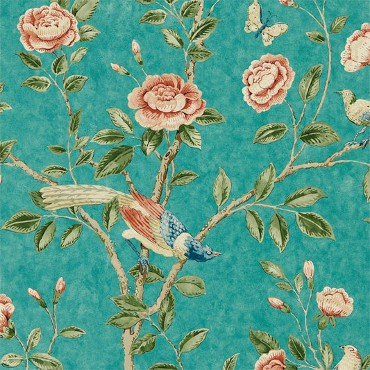 SANDERSON Andhara Wallpaper Classic Floral Teal,tumeric  Gravure Printed Wallpaper - DCPW216796