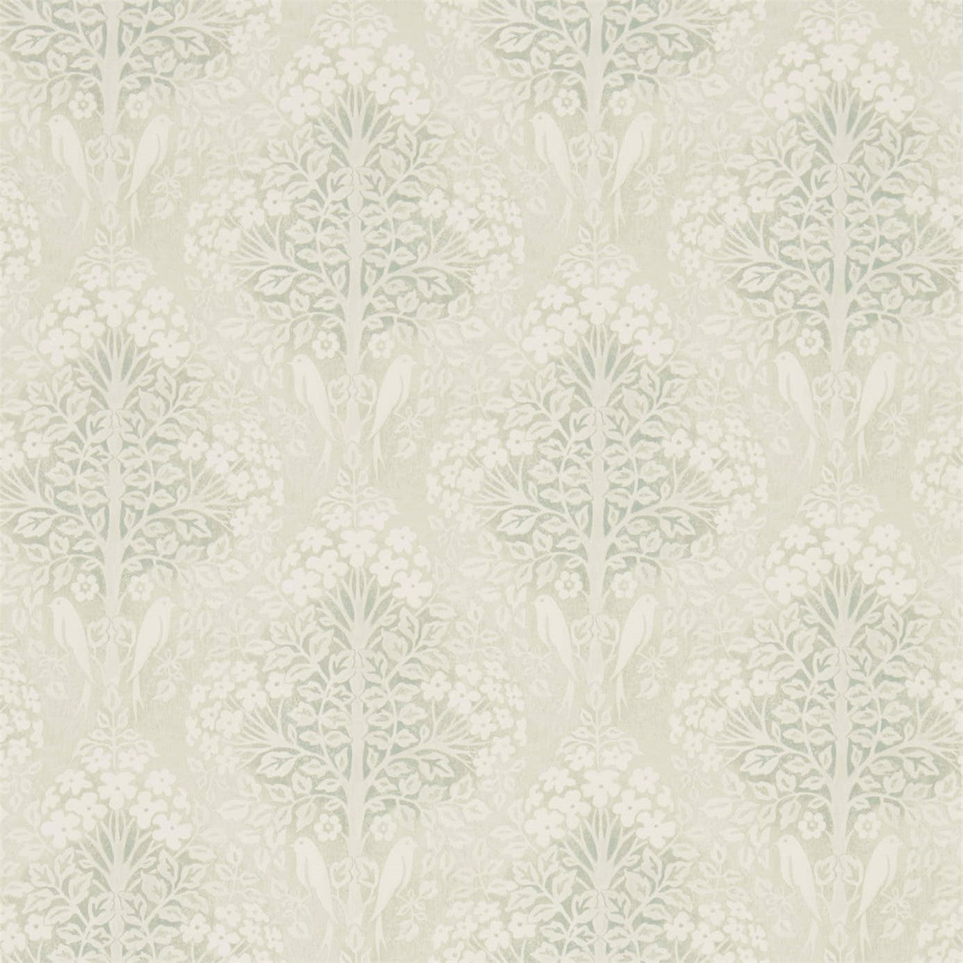 Ivory wallpaper with subtle beige damask floral pattern; repeating, elegant wall decor.
