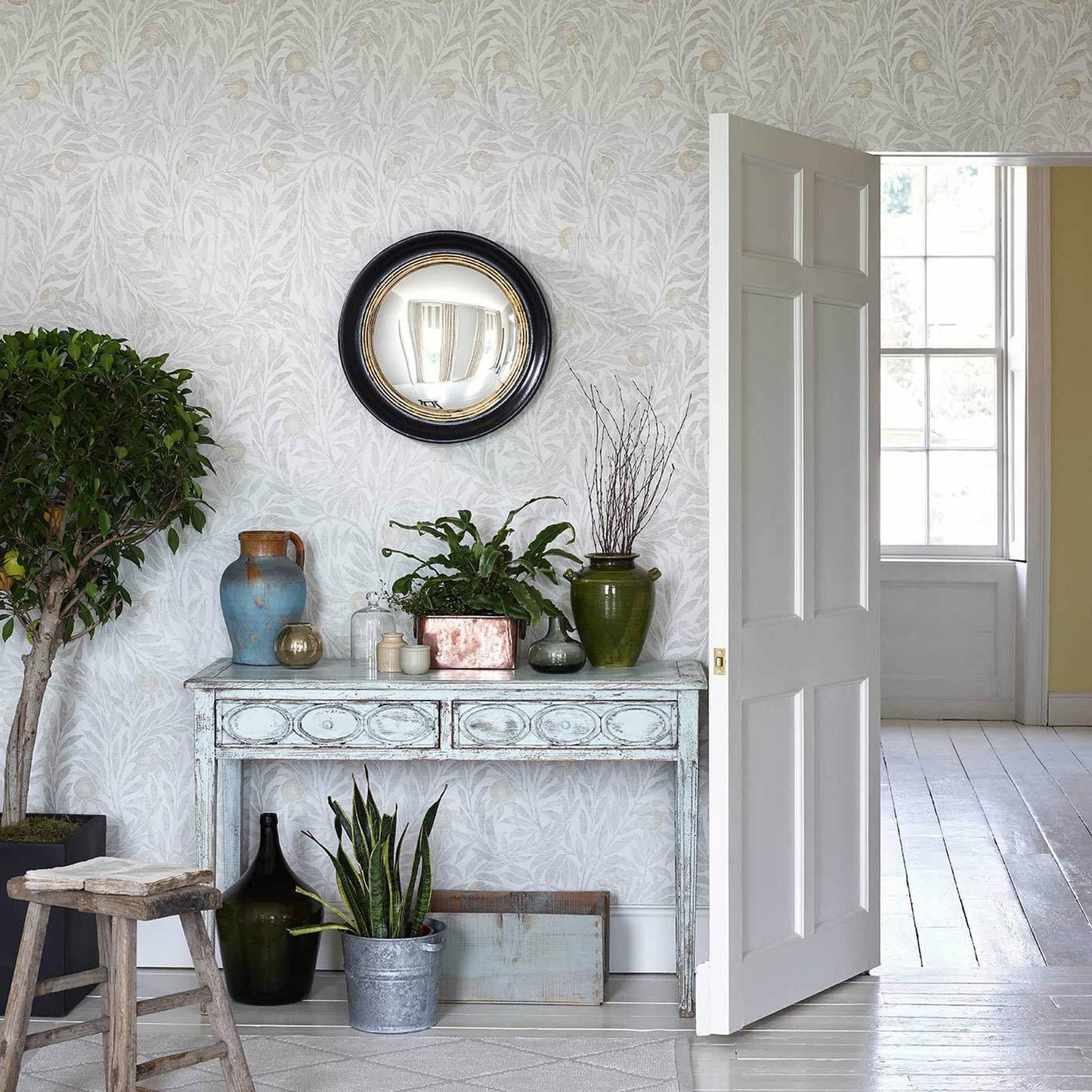 Stone botanical forest wallpaper with intricate tree and nature motifs, Sanderson Orange Tree pattern inspired by Walter Crane, vintage style neutral wallcovering for elegant cottage and traditional interiors