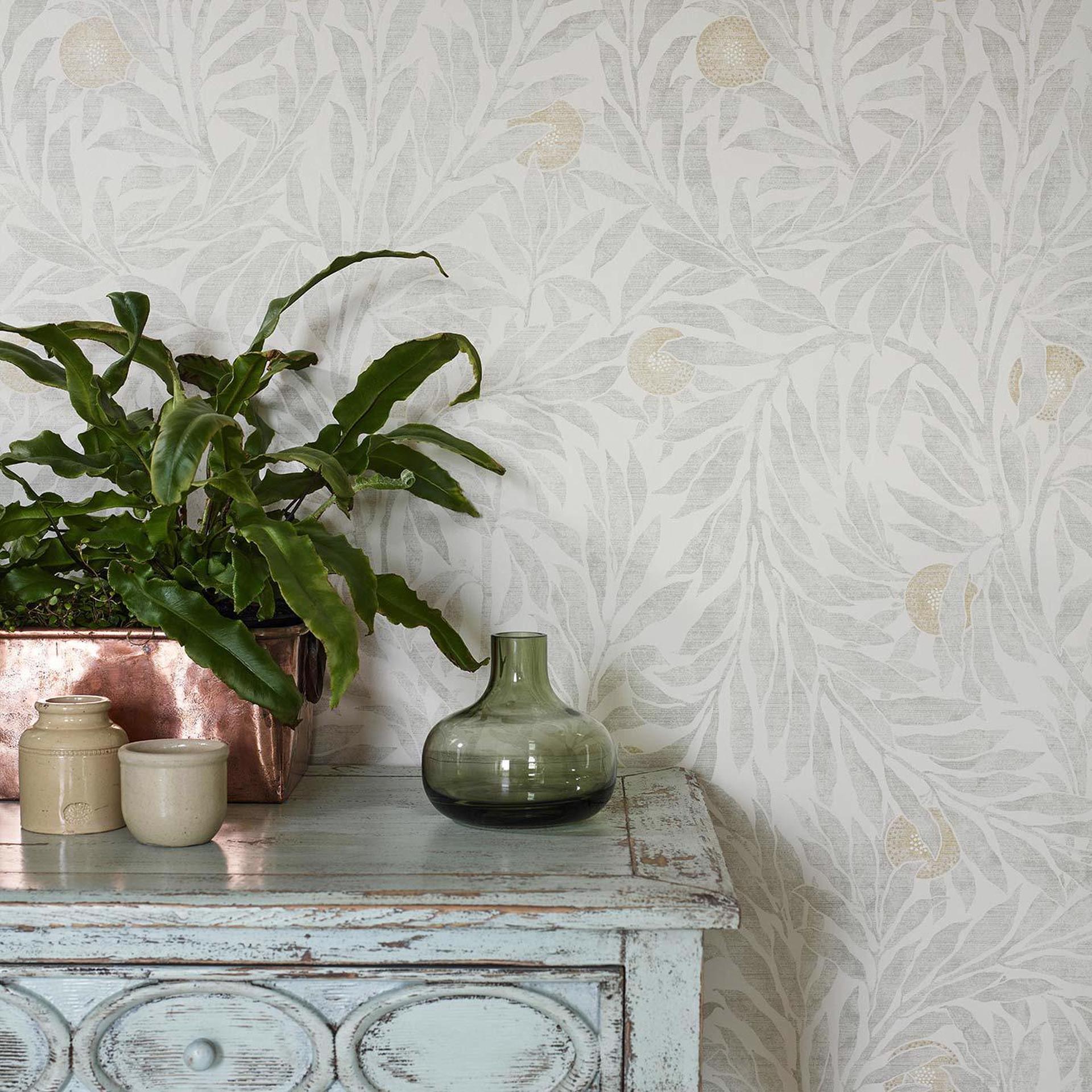 Stone botanical forest wallpaper with intricate tree and nature motifs, Sanderson Orange Tree pattern inspired by Walter Crane, vintage style neutral wallcovering for elegant cottage and traditional interiors
