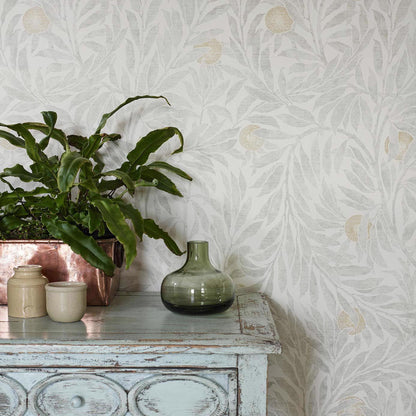 Stone botanical forest wallpaper with intricate tree and nature motifs, Sanderson Orange Tree pattern inspired by Walter Crane, vintage style neutral wallcovering for elegant cottage and traditional interiors