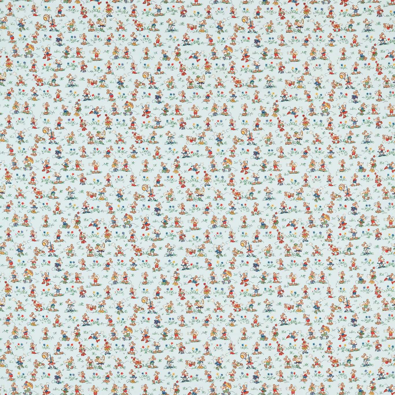 Light blue fabric with dense tiny multicolored cartoon characters; whimsical vintage print for kids or crafts.