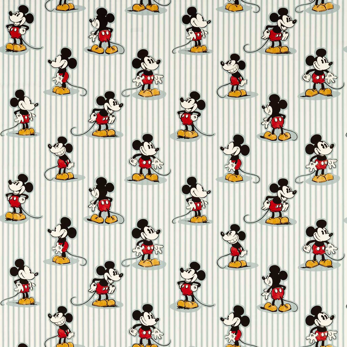 Repeating Mickey Mouse pattern with classic black ears, red shorts, yellow shoes, white gloves on pale striped background.