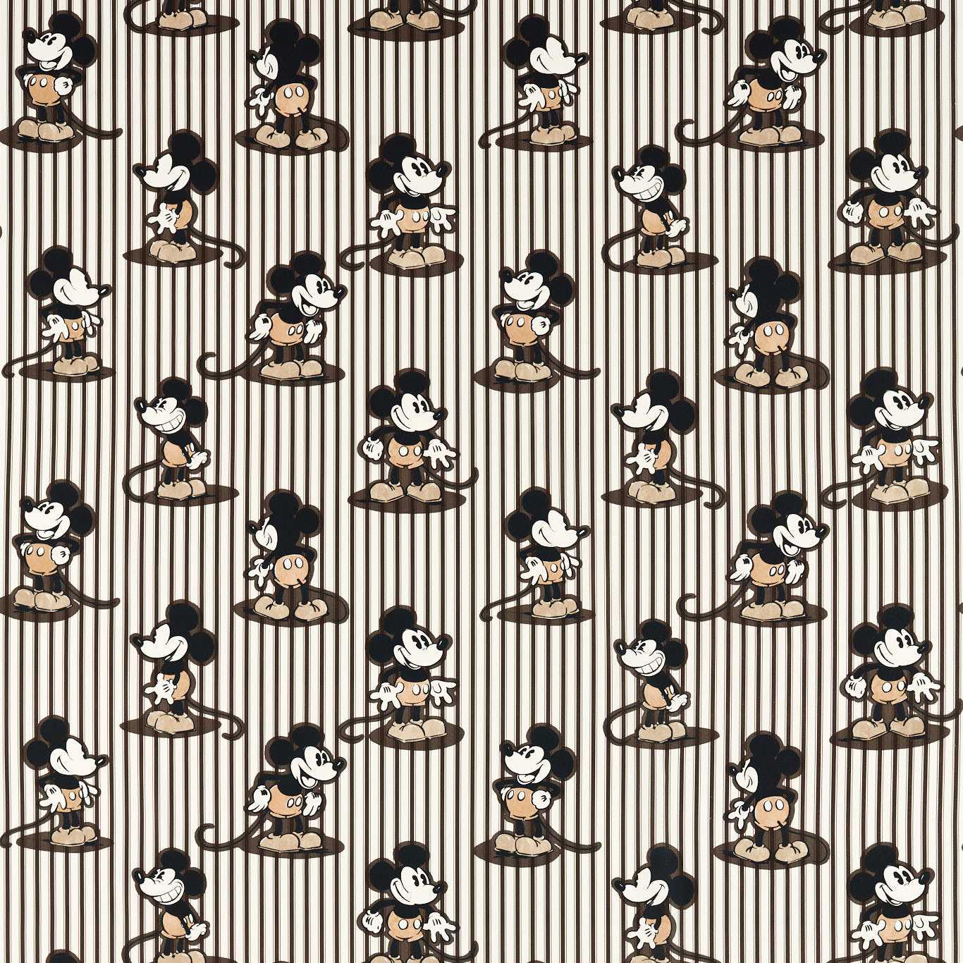 Patterned fabric with repeating Mickey Mouse-like character sitting between vertical bars; retro beige-brown palette