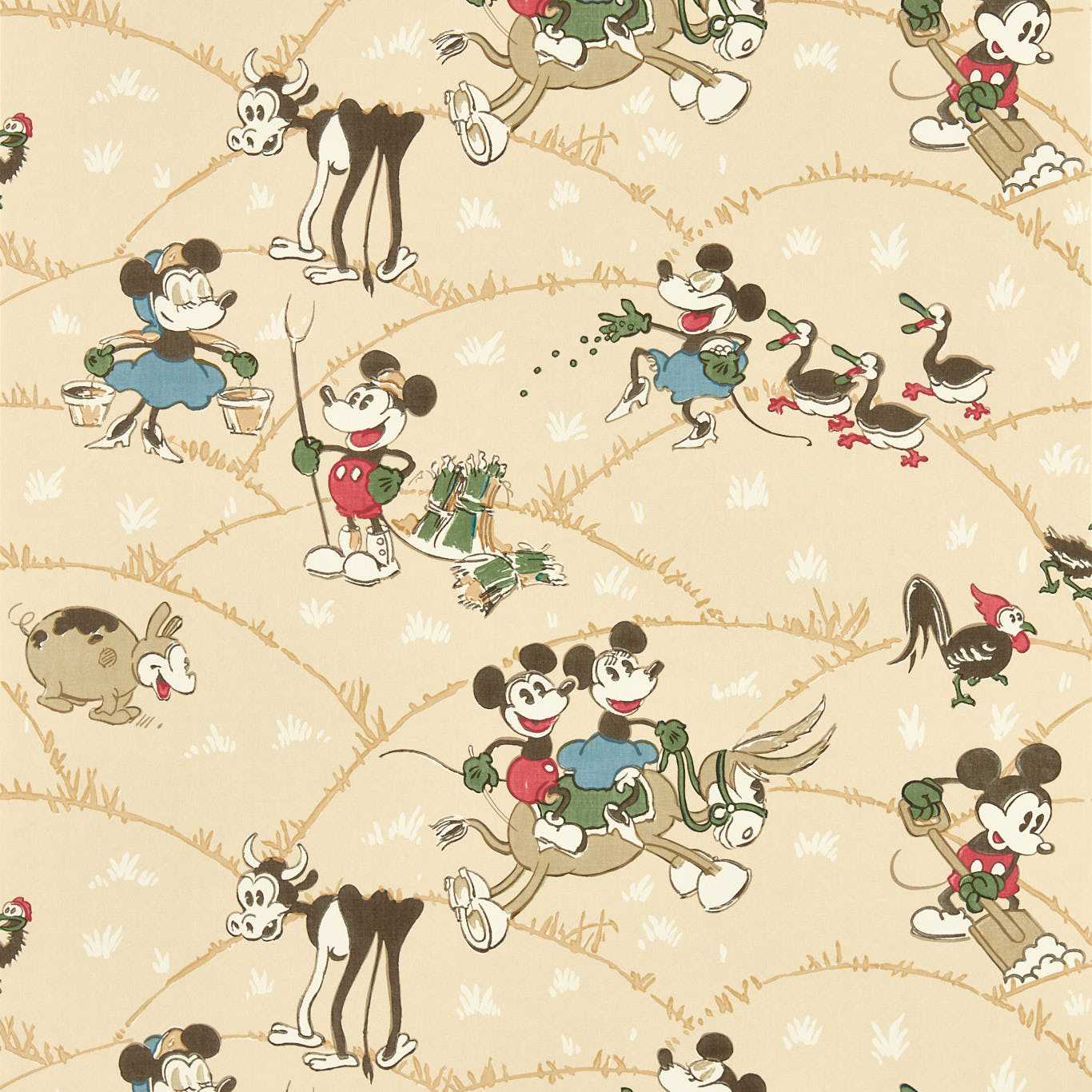 Vintage Disney pattern wallpaper: Mickey and Minnie Mouse farm scenes on a beige background with small animals, playful retro cartoon style.