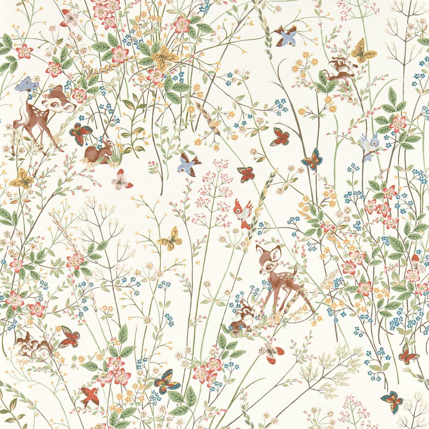 Pastel floral wallpaper featuring delicate branches, blossoms, butterflies, birds and fawns in a whimsical woodland.