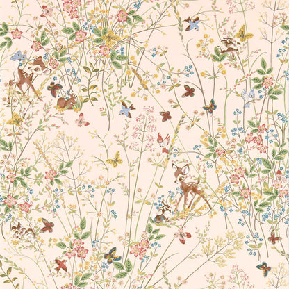 Pastel floral wallpaper with delicate branches, blossoms, and woodland animals including deer, birds, and butterflies.