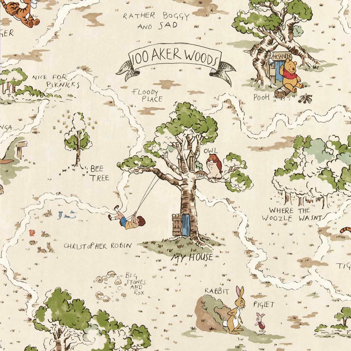Disney Home x Sanderson Hundred Acre Wood Cashew wallpaper with hand-illustrated woodland scenes featuring Winnie the Pooh and friends in warm neutral tones.