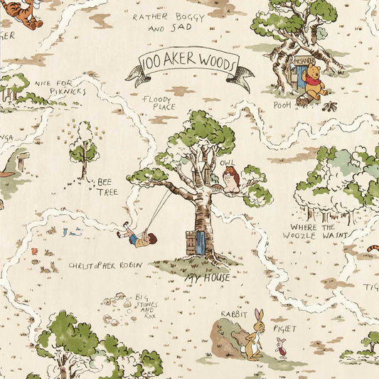 Disney Home x Sanderson Hundred Acre Wood Cashew wallpaper with hand-illustrated woodland scenes featuring Winnie the Pooh and friends in warm neutral tones.