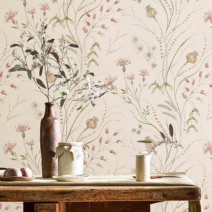 Sanderson Summer Harvest DEBB216495 wallpaper displayed on a feature wall; elegant trailing botanical pattern in claret and olive tones with floral and foliage detailing from the Embleton Bay collection.