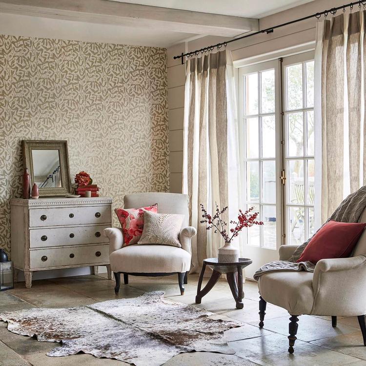 Sanderson Sycamore Trail Gold wallpaper with elegant sycamore seed pods and botanical leaf design in warm gold tones from the Embleton Bay collection.