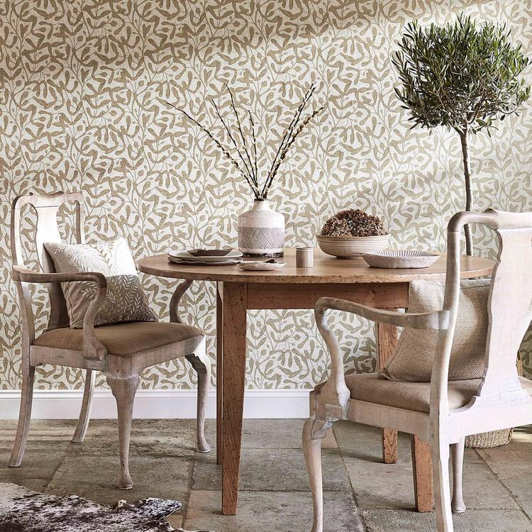 Sanderson Sycamore Trail Gold wallpaper with elegant sycamore seed pods and botanical leaf design in warm gold tones from the Embleton Bay collection.