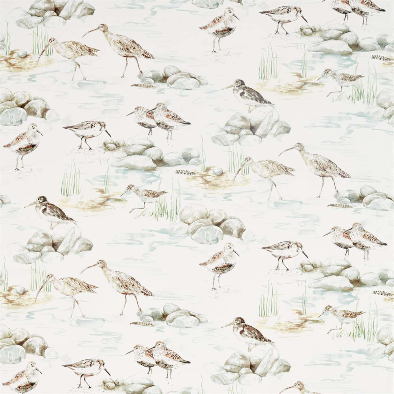 SANDERSON Estuary Birds Fabric Birds Mist,Ivory   - DEBB226426
