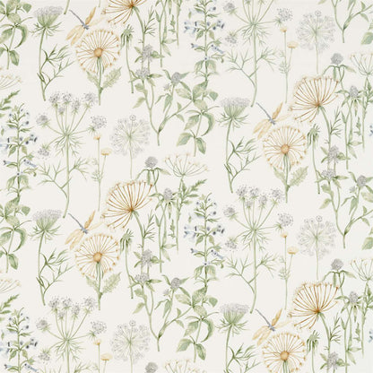 Sanderson Wild Angelica Fabric in Silver & Spring Leaf, featuring cow parsley, clover, and dragonflies on a cotton-linen mix, ideal for curtains, cushions, light upholstery, and designer home décor projects.