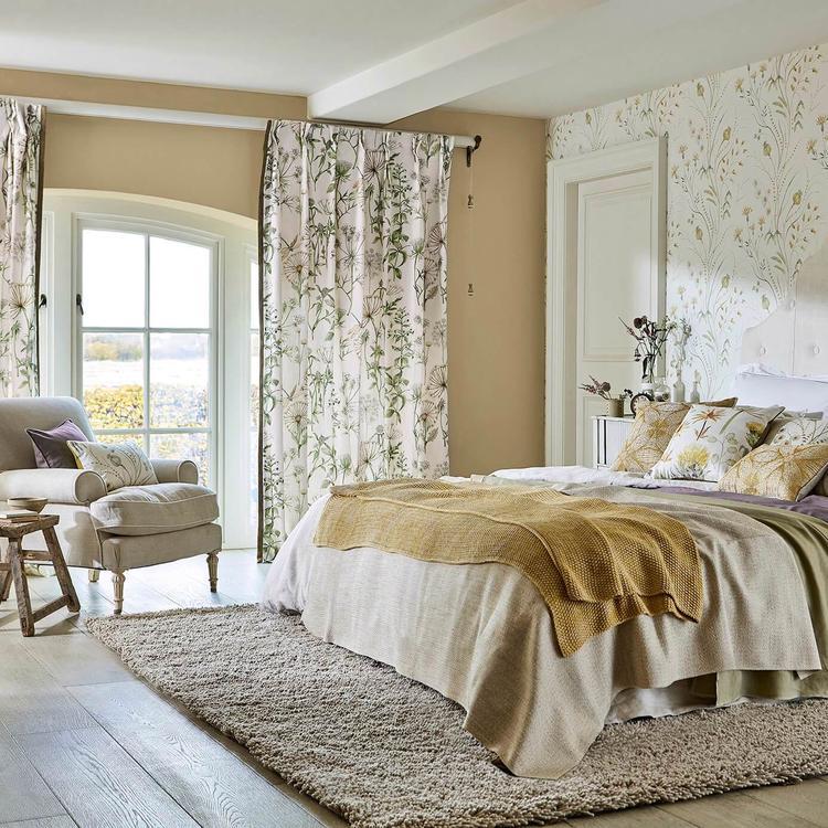 Sanderson Wild Angelica Fabric in Silver & Spring Leaf, featuring cow parsley, clover, and dragonflies on a cotton-linen mix, ideal for curtains, cushions, light upholstery, and designer home décor projects.
