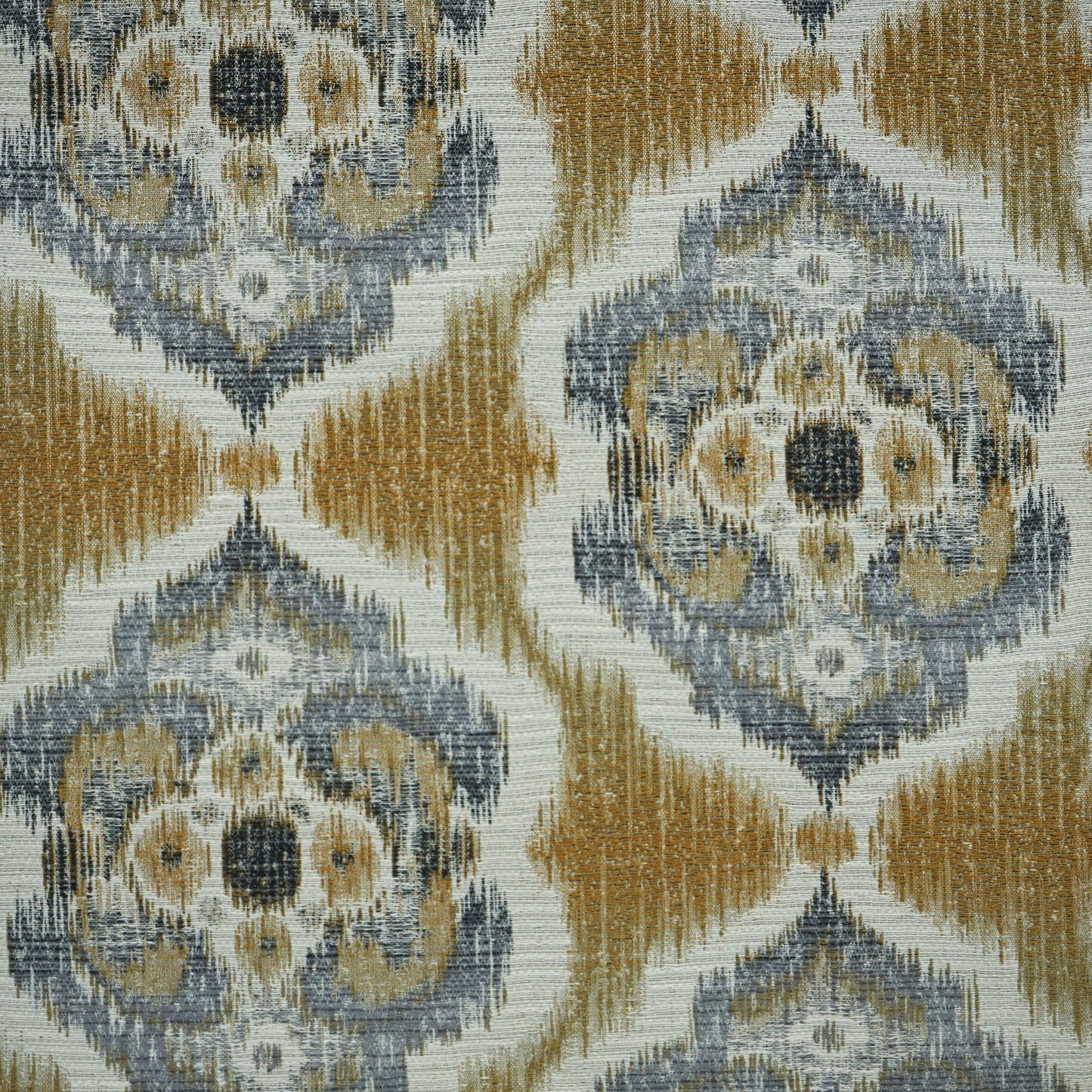 Blue-gray and golden-brown damask medallions on cream backdrop; ornate woven textile for rug or upholstery.