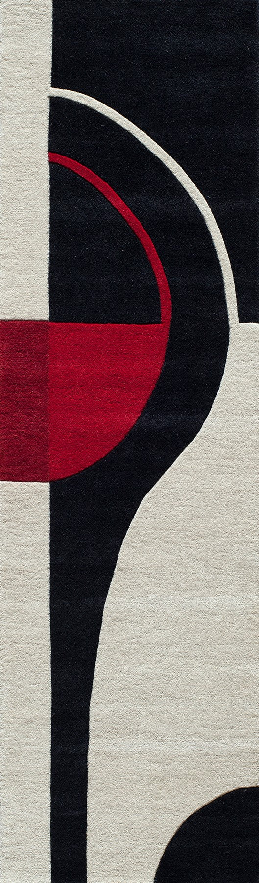 Abstract geometric rug with black field, red semicircle, white arc, and cream/beige panels for modern decor