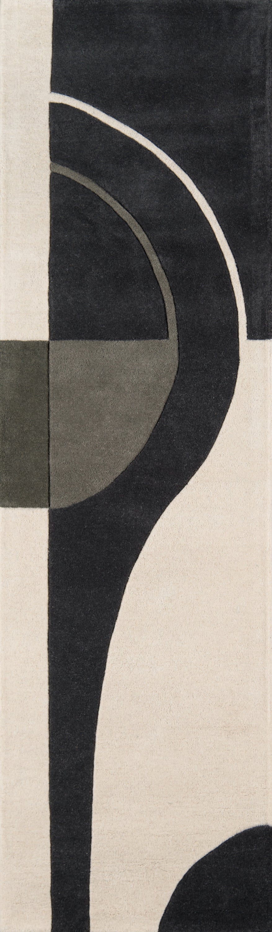 Mid-century modern geometric rug with cream, black and olive panels and curved arc motifs.