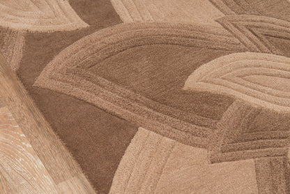 Brown & beige abstract runner rug with interlocking curved stripes & soft textured pile, 2' x 8'.