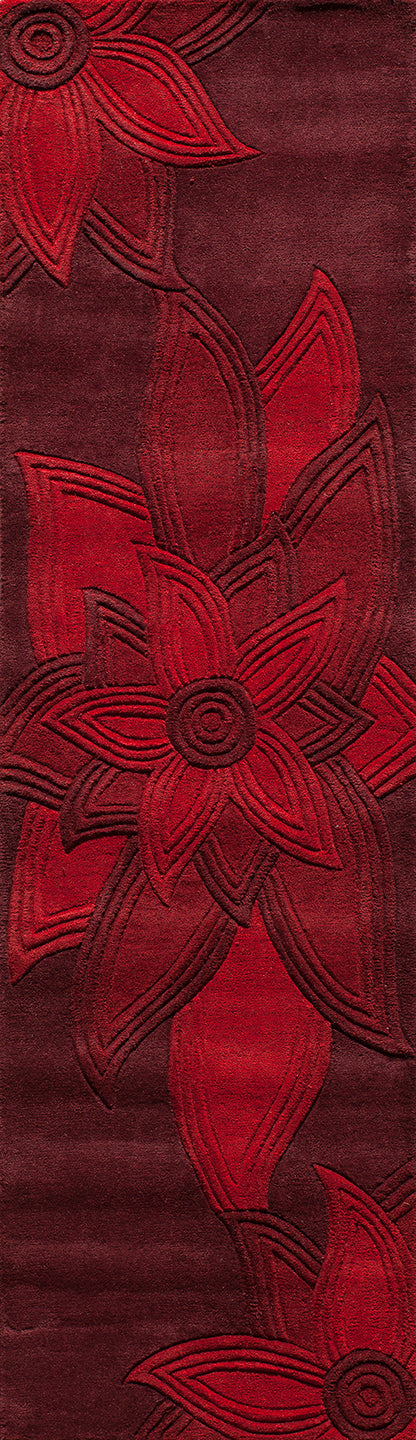 Deep red velvet runner rug with large red floral embroidery along its length; 2' x 8'.
