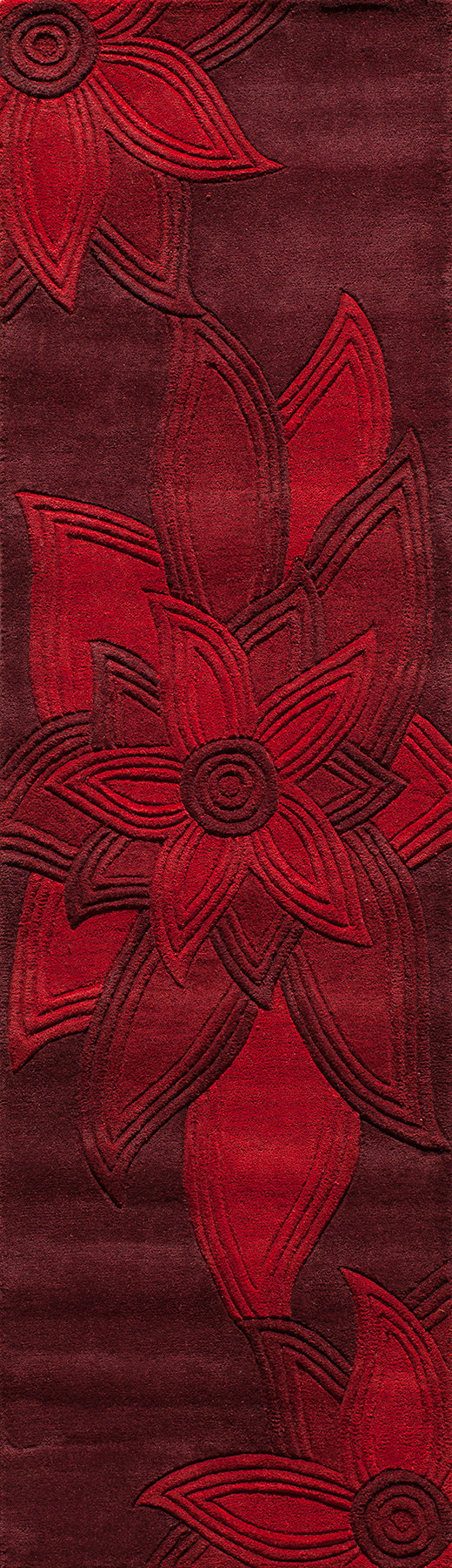 Deep maroon rug with a bold red embossed floral pattern; 4' x 6' rug.