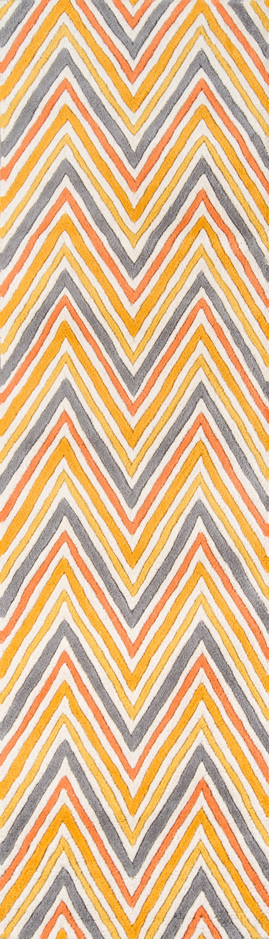 Chevron zigzag rug pattern in orange, yellow and gray tones; bold repeats ideal for use as an area rug or decor