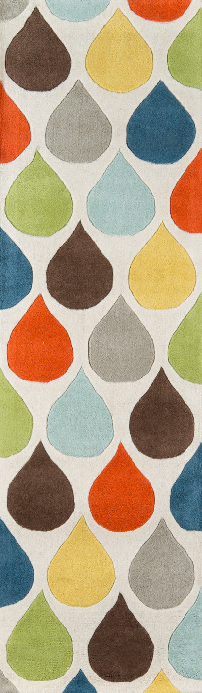 Colorful teardrop pattern on white background; reds, blues, greens, yellows, and browns in a repeating rug motif.