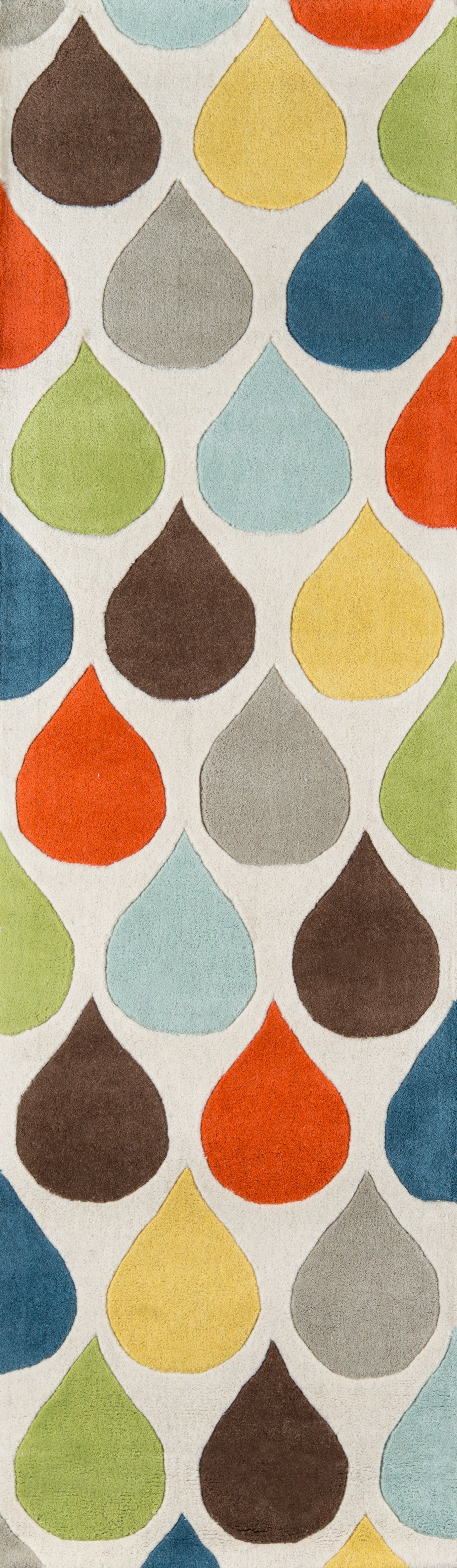Repeating teardrop shapes in bright colors on a pale background; orange, red, yellow, lime, teal, gray, brown and blue—bold fabric print.