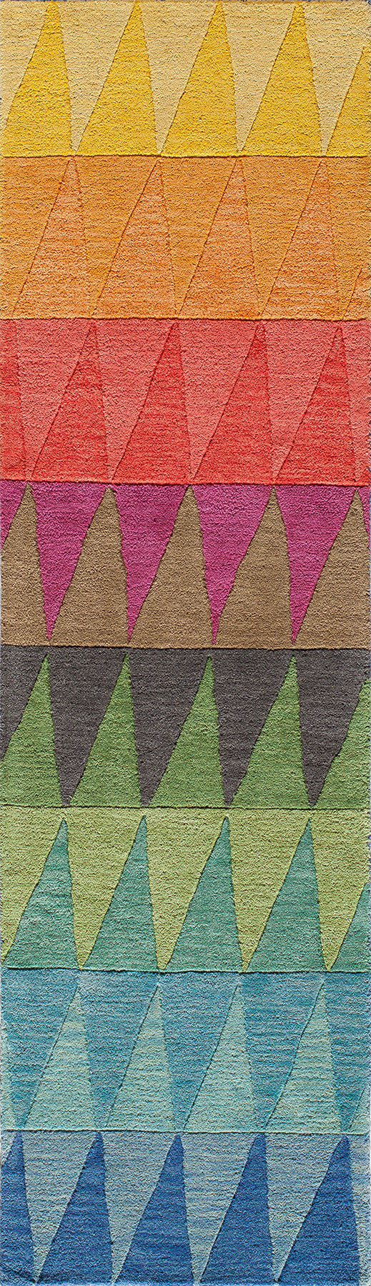 Colorful knit textile swatch with horizontal bands of repeating triangle chevrons in yellow to blue hues.