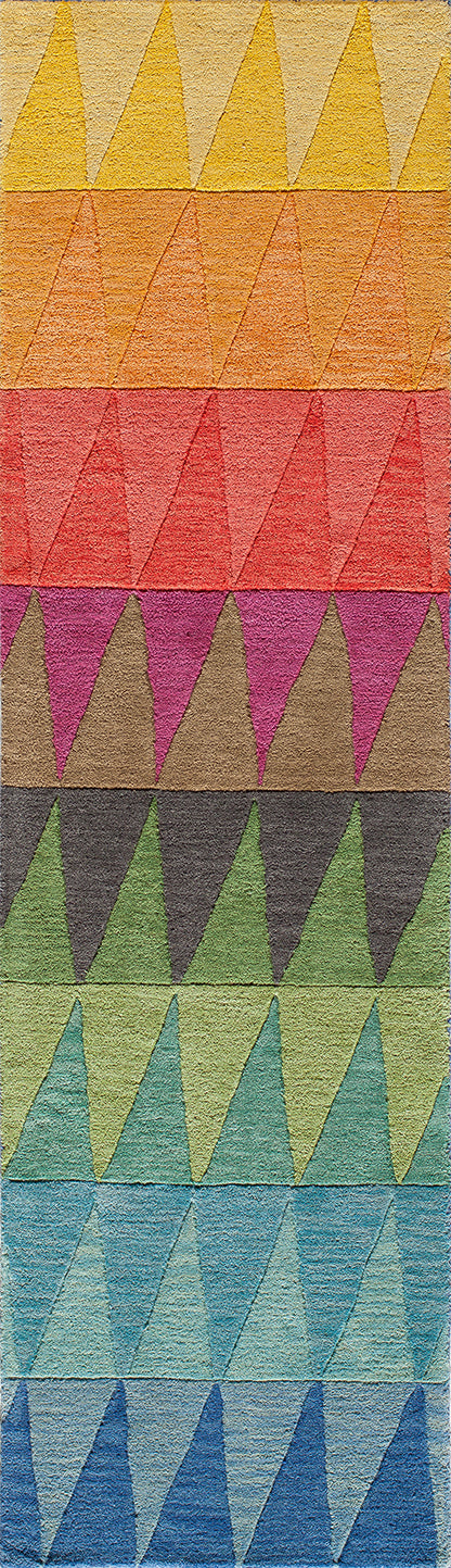 Colorful knit textile swatch with horizontal bands of repeating triangle chevrons in yellow to blue hues.